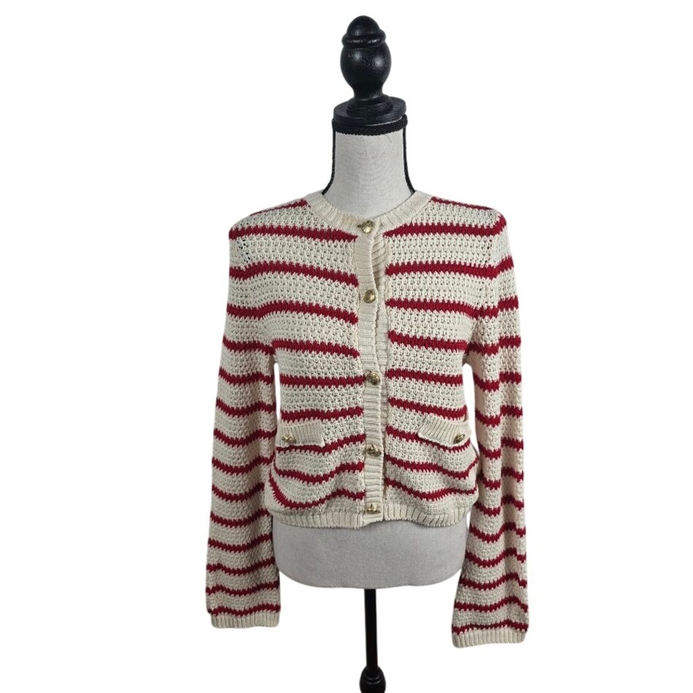 H&M Striped Crochet Knit Cardigan Cream Red Gold Button Valentines Sz S